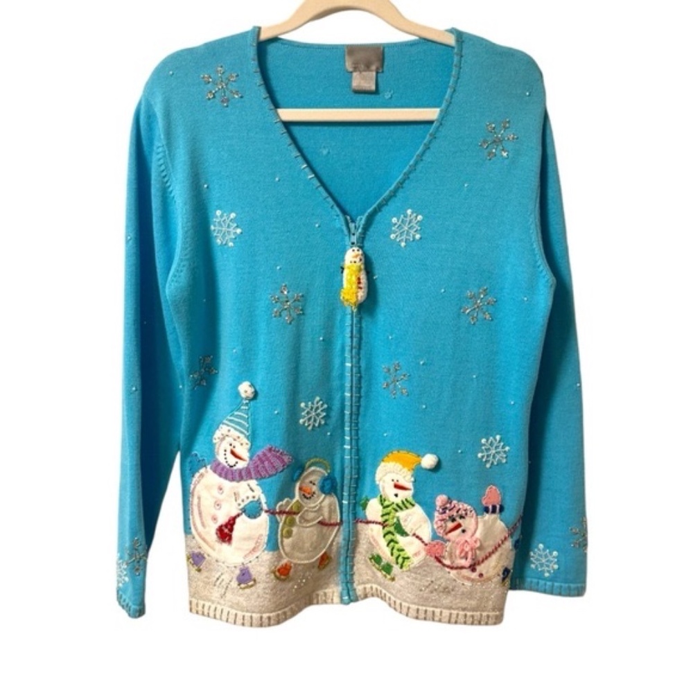 Berek Vintage Ugly Christmas Sweater Skating Snowman Party Cardigan Womens M